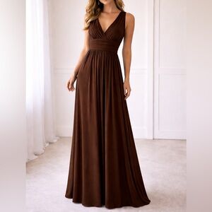 BCBGMaxAzria Brown V-Neck Ruched Empire Waist Maxi Dress